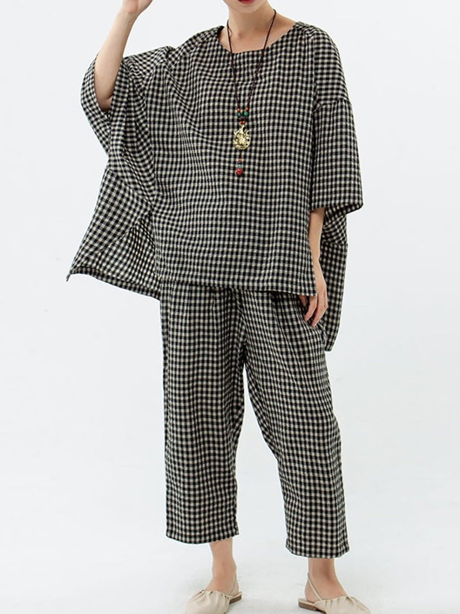 Blusa e pantaloni retrò in cotone e lino a quadri