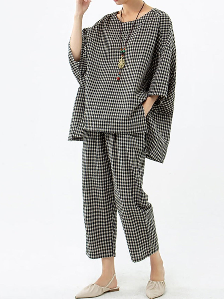 Blusa e pantaloni retrò in cotone e lino a quadri