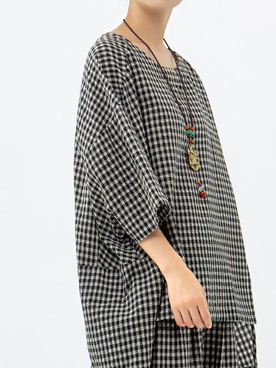 Blusa e pantaloni retrò in cotone e lino a quadri