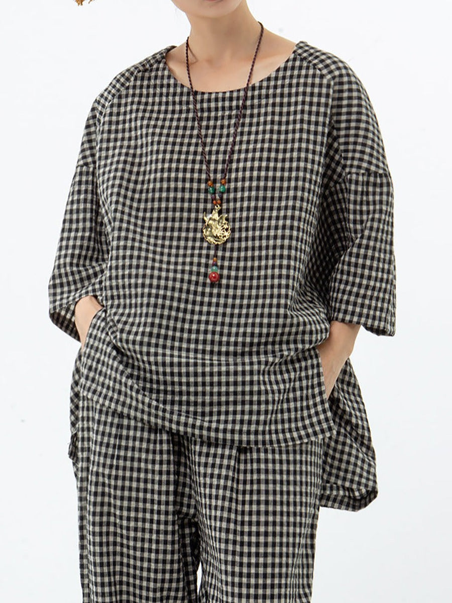 Blusa e pantaloni retrò in cotone e lino a quadri