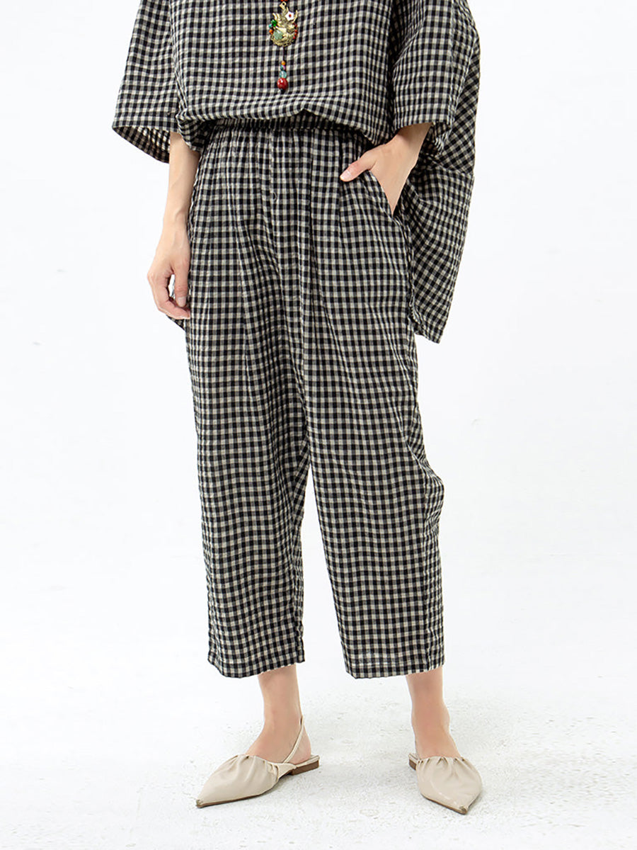 Blusa e pantaloni retrò in cotone e lino a quadri