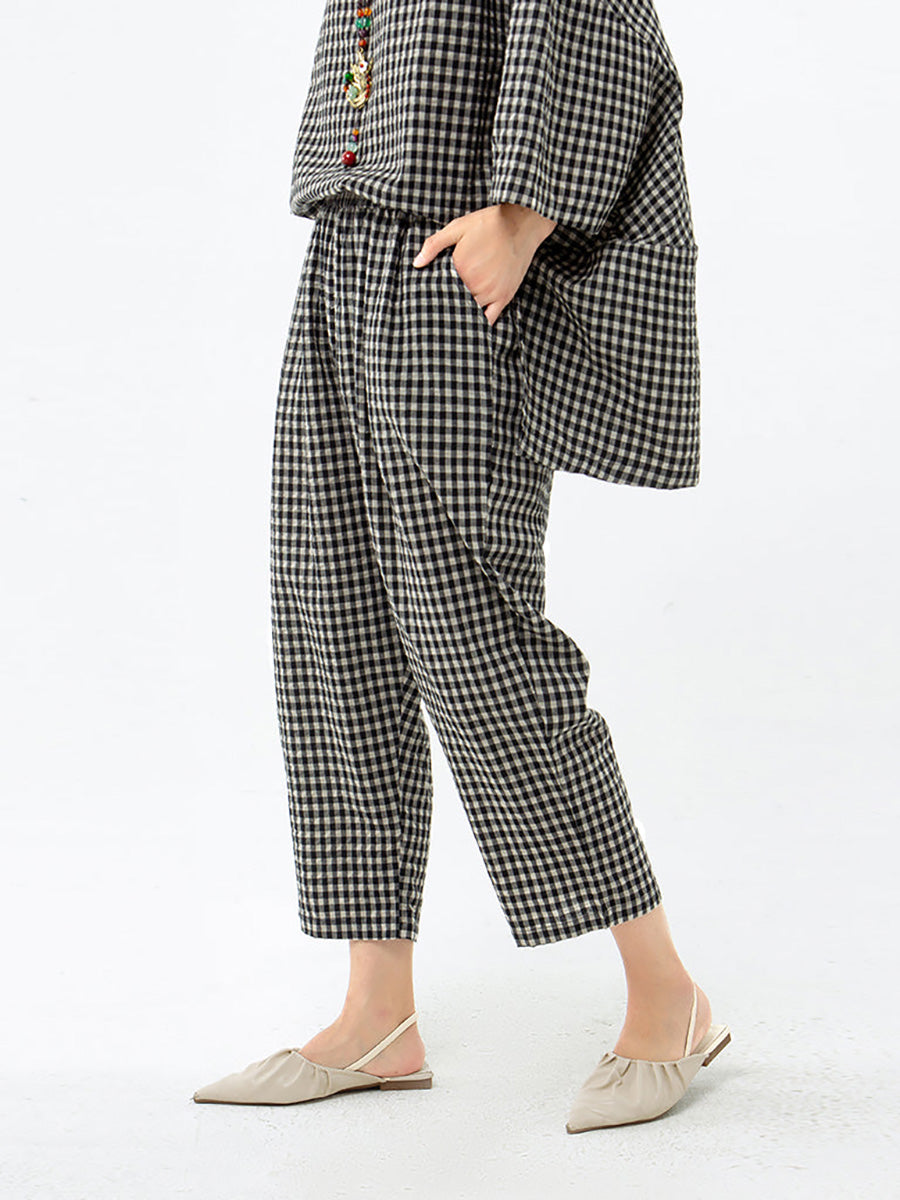 Blusa e pantaloni retrò in cotone e lino a quadri