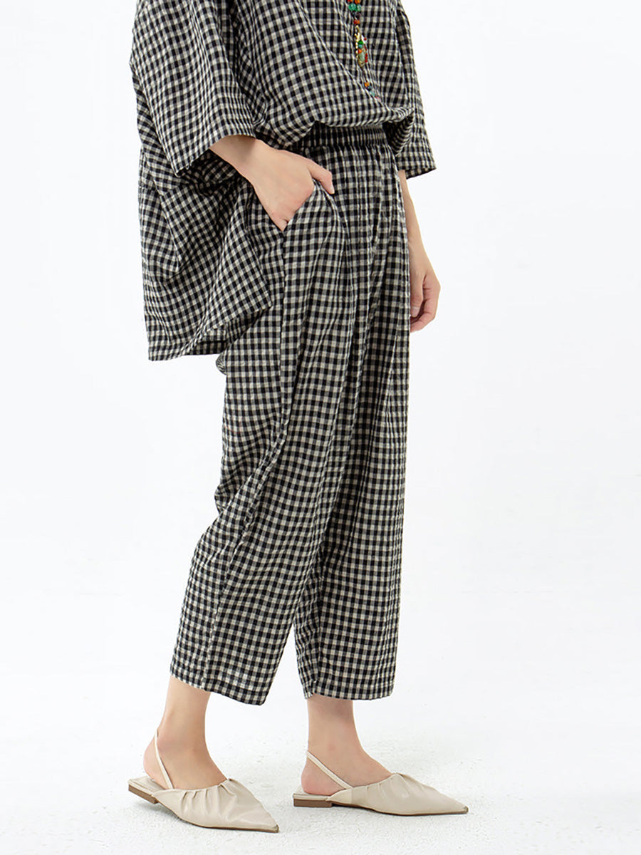 Blusa e pantaloni retrò in cotone e lino a quadri