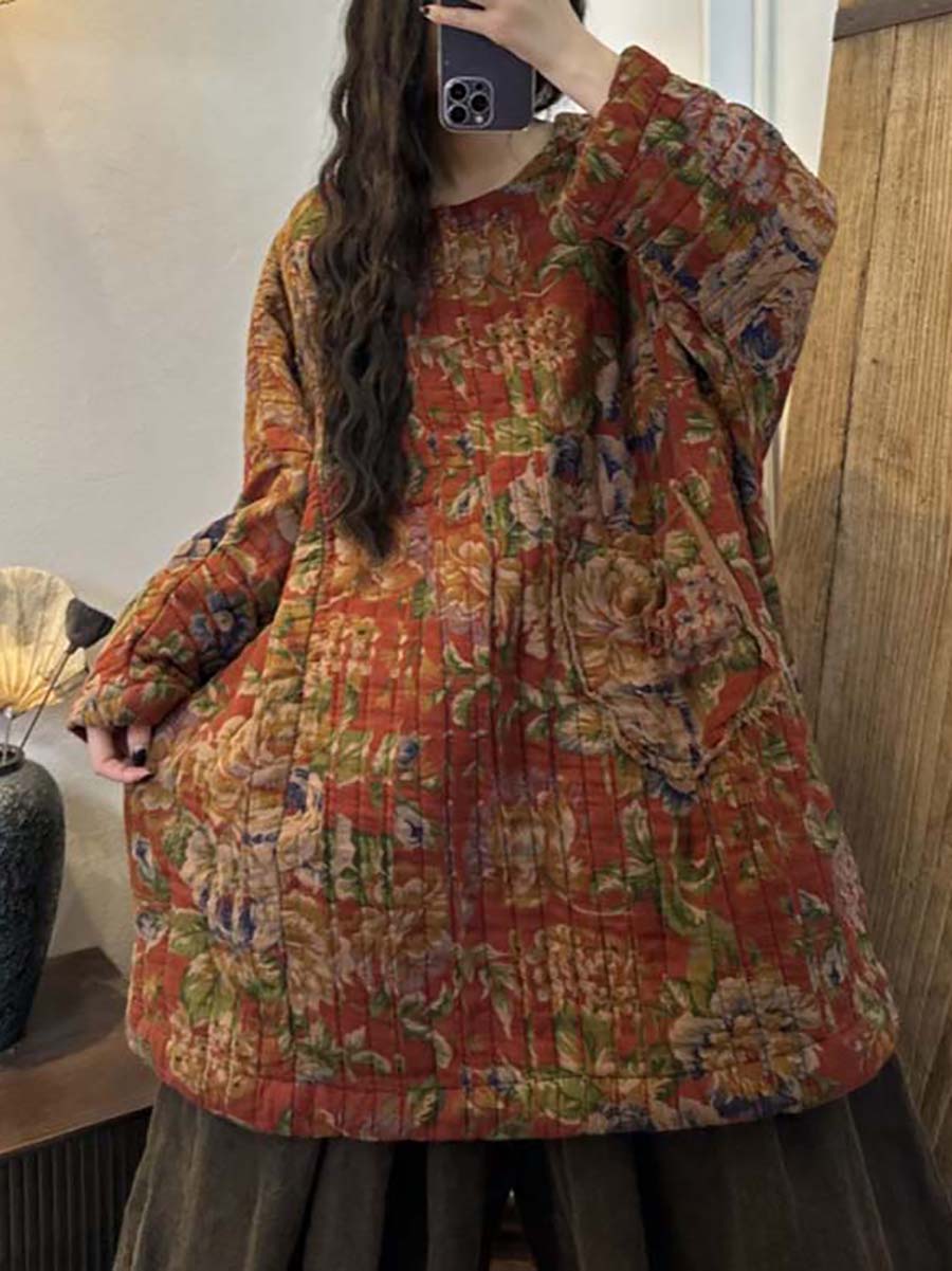 Cappotto caldo e ampio con stampa floreale etnica invernale da donna