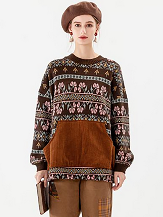 Pull vintage à poches géométriques en tricot avec coutures