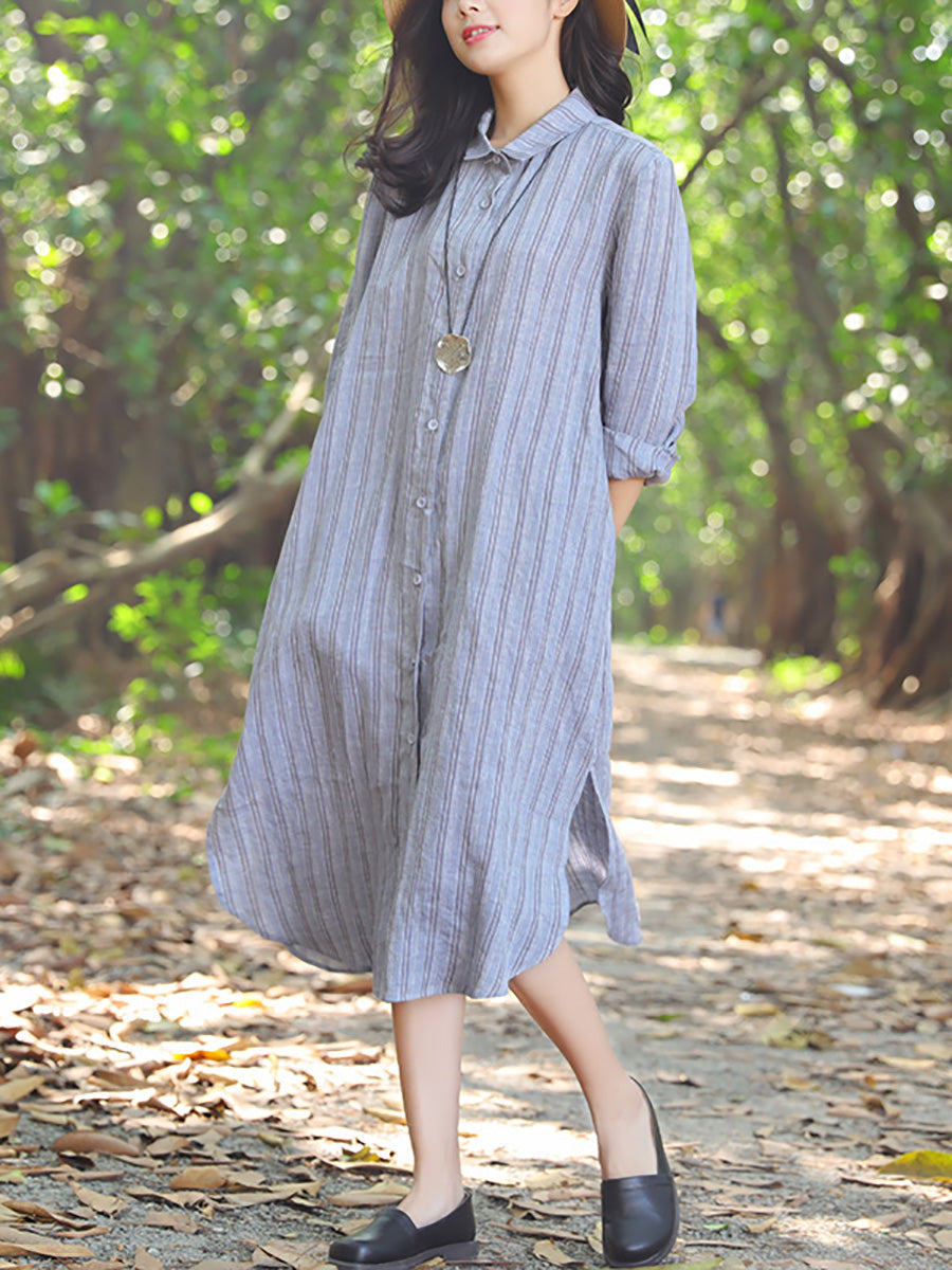Robe à rayures simple boutonnage avec col polo et fente latérale pour femme