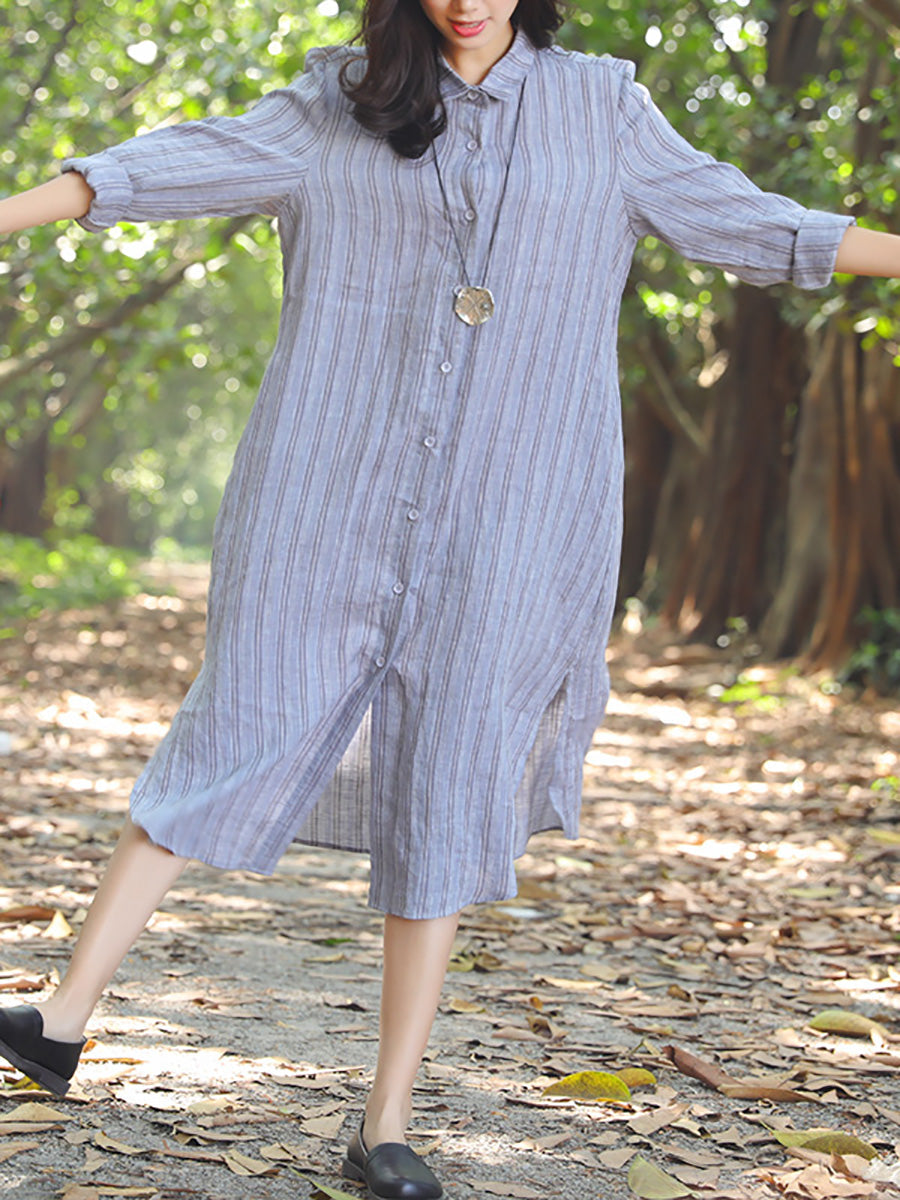 Robe à rayures simple boutonnage avec col polo et fente latérale pour femme