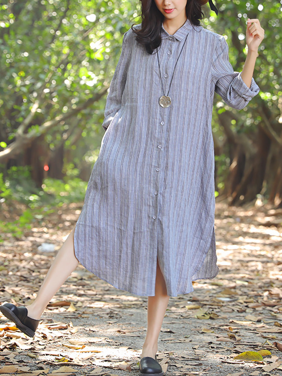 Robe à rayures simple boutonnage avec col polo et fente latérale pour femme
