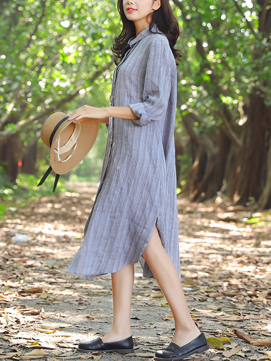 Robe à rayures simple boutonnage avec col polo et fente latérale pour femme