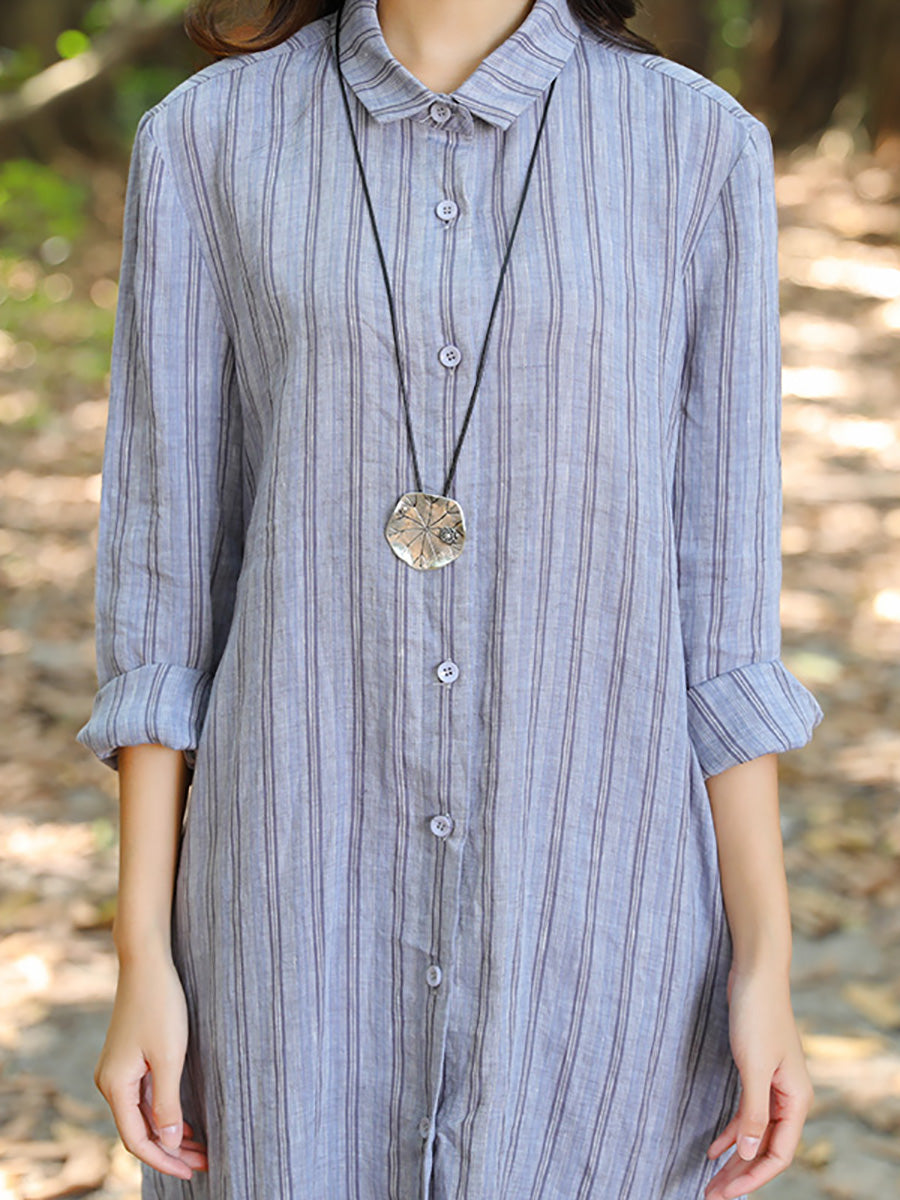 Robe à rayures simple boutonnage avec col polo et fente latérale pour femme