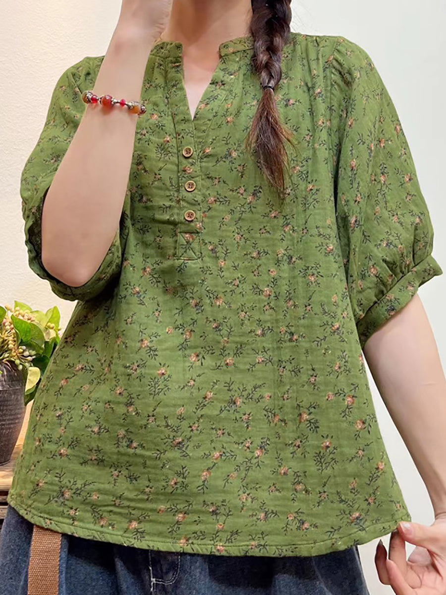 Camicia ampia con bottoni floreali artistici estivi da donna