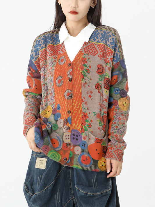 Cardigan vintage a maniche lunghe con tasca da donna