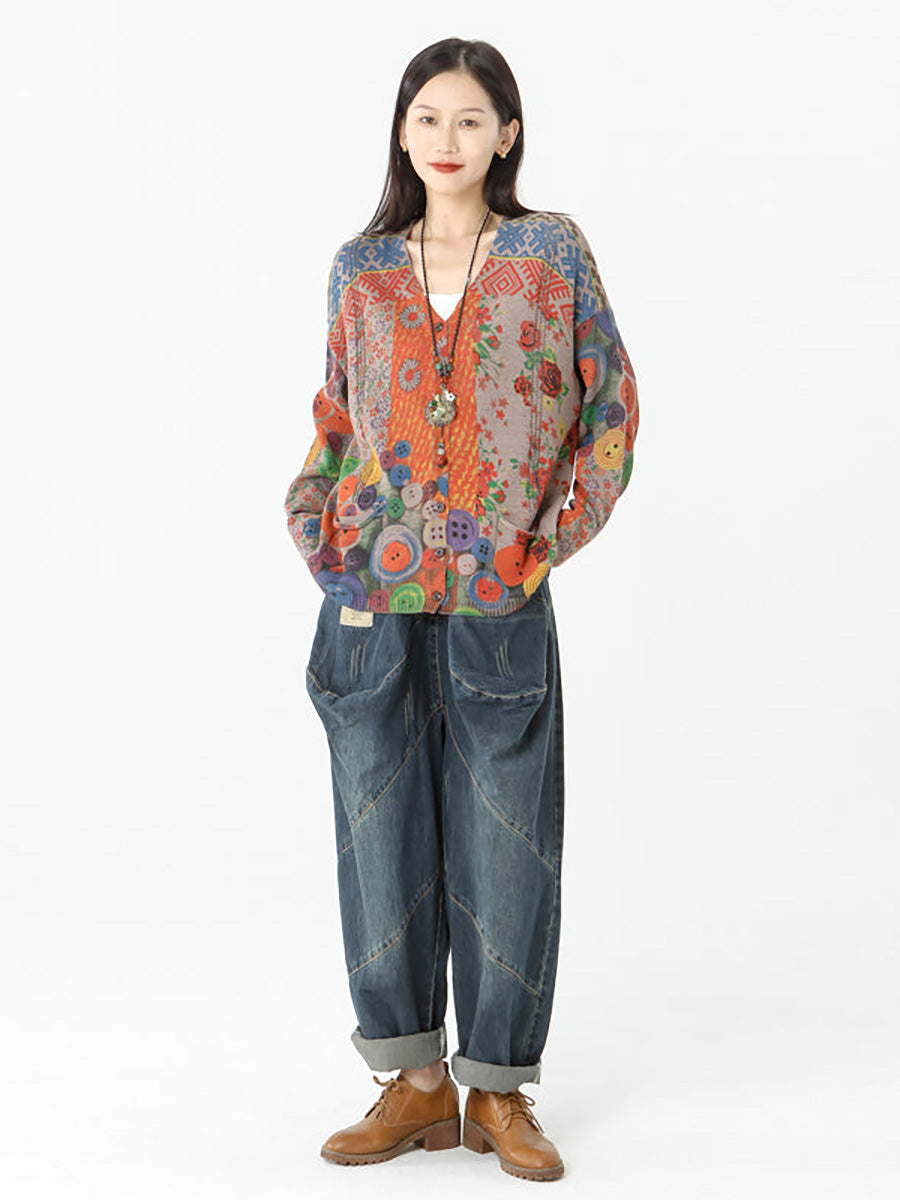 Cardigan vintage a maniche lunghe con tasca da donna