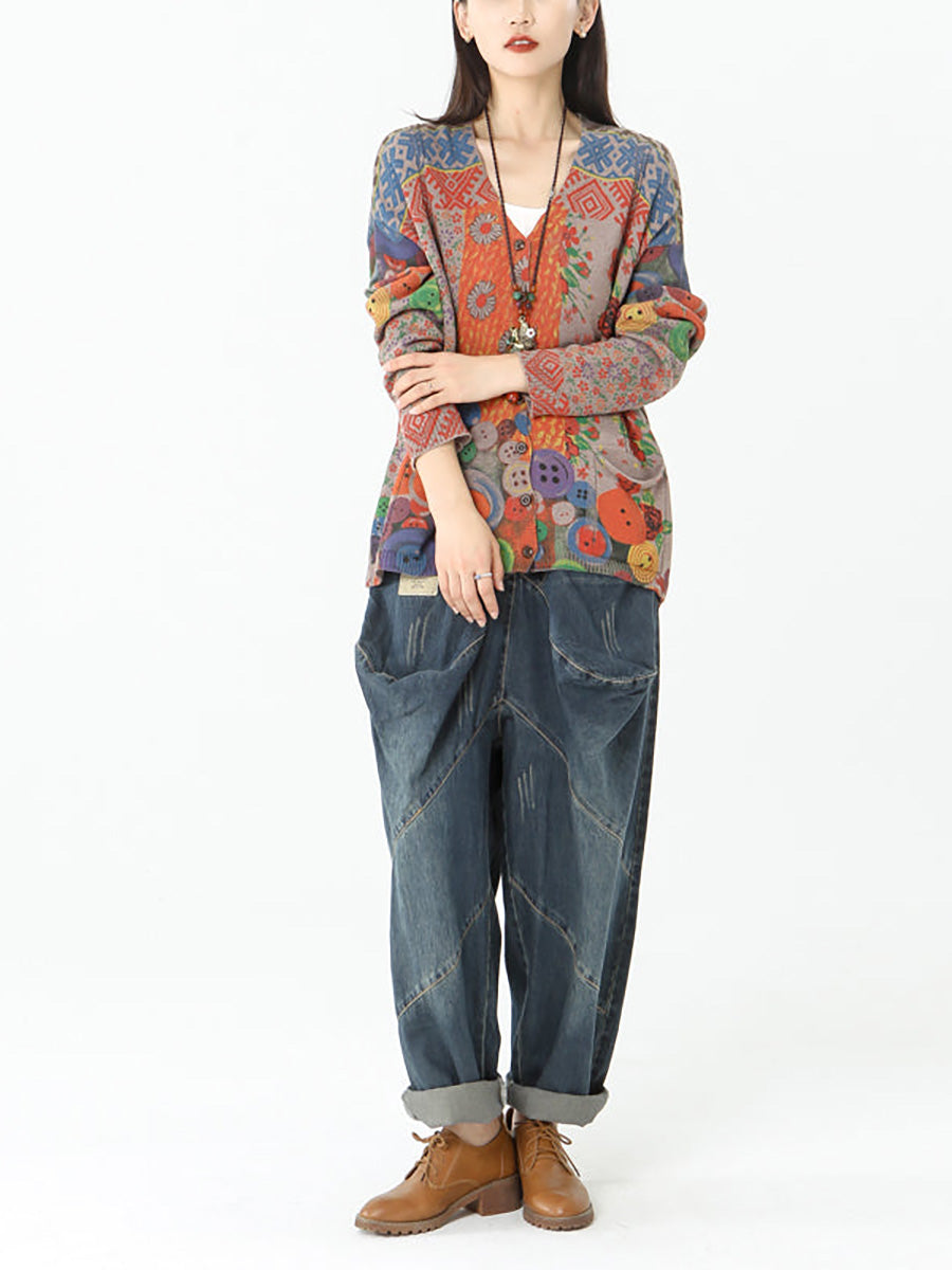 Cardigan vintage a maniche lunghe con tasca da donna