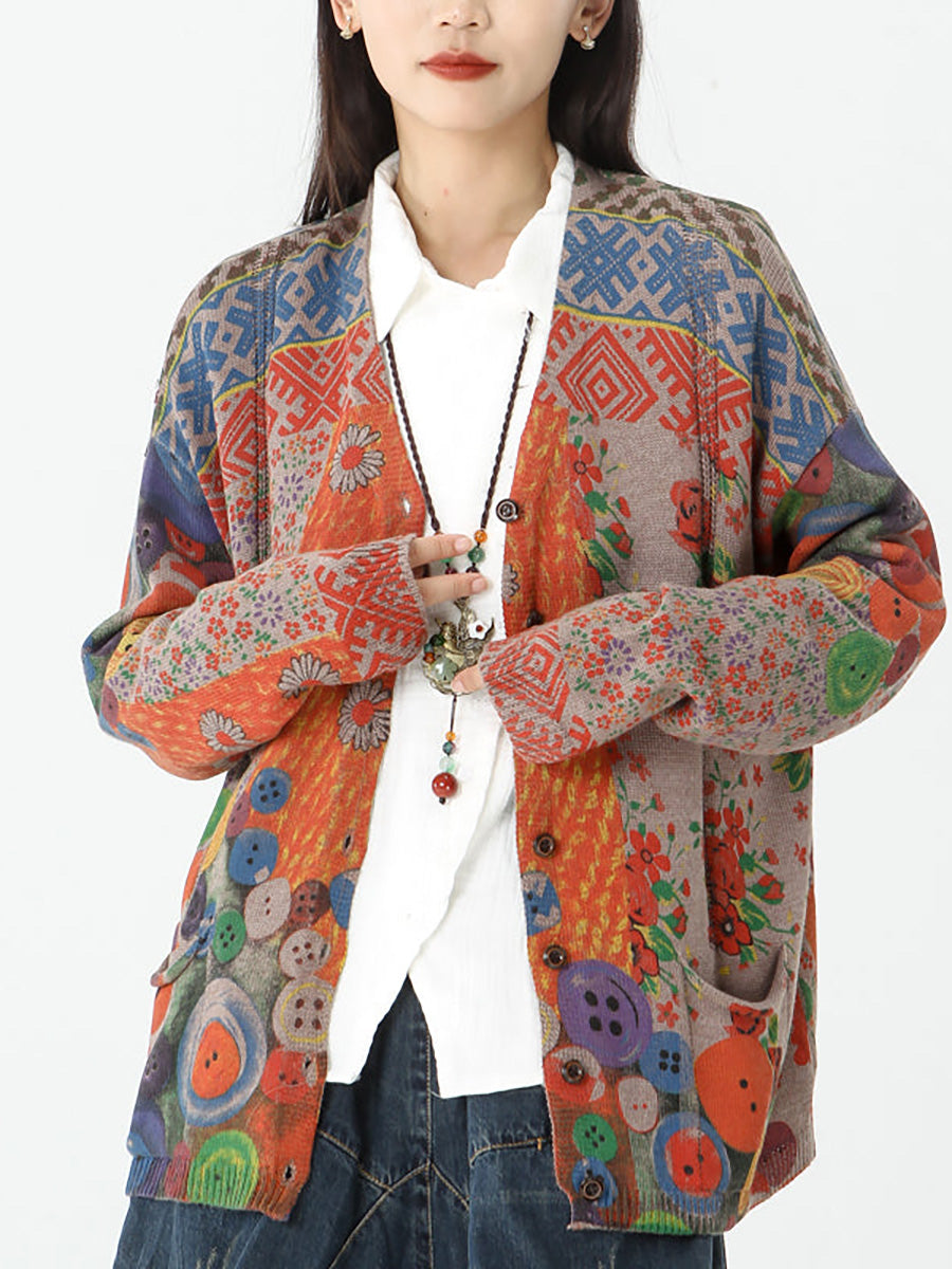 Cardigan vintage a maniche lunghe con tasca da donna