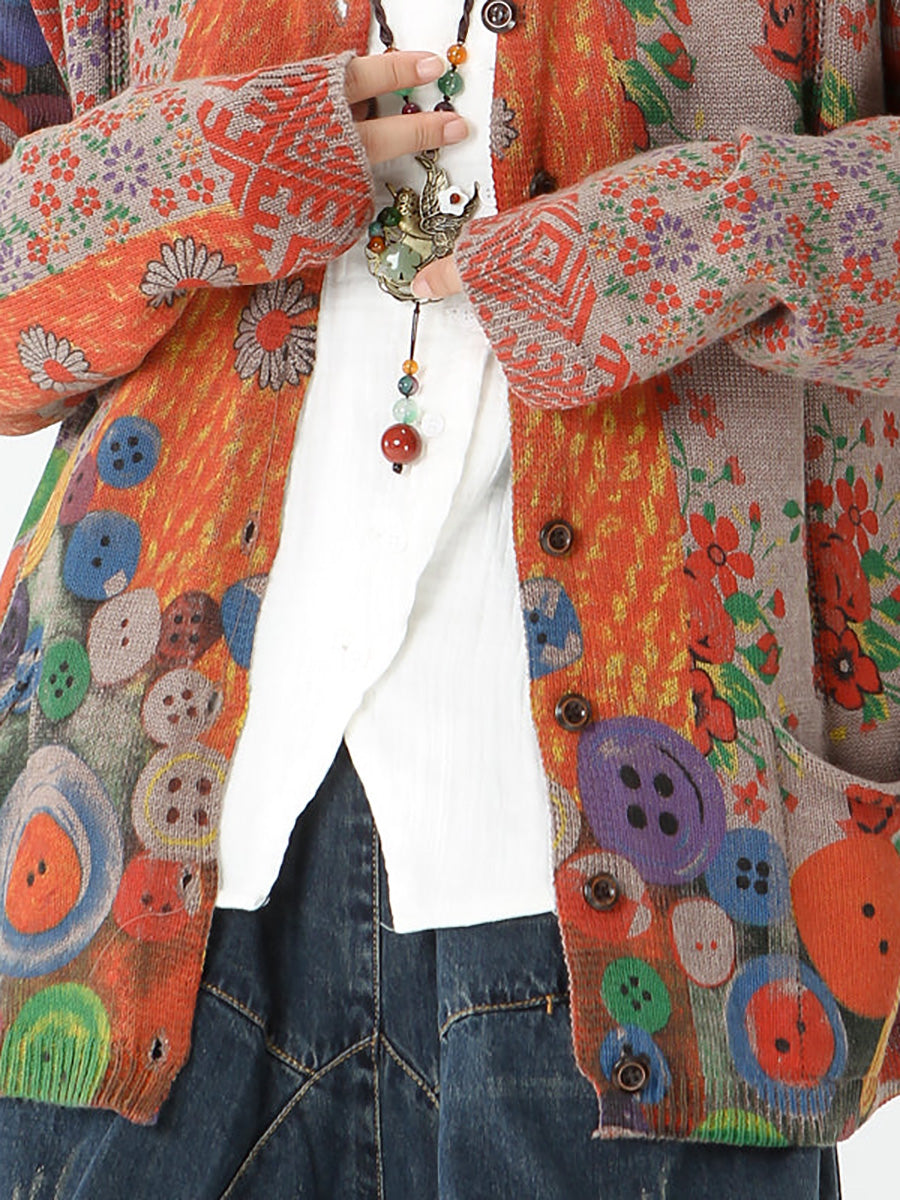 Cardigan vintage a maniche lunghe con tasca da donna