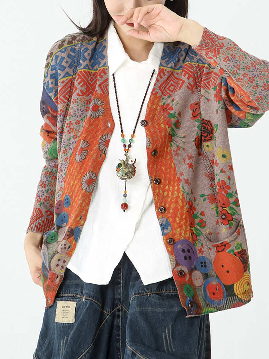 Cardigan vintage a maniche lunghe con tasca da donna
