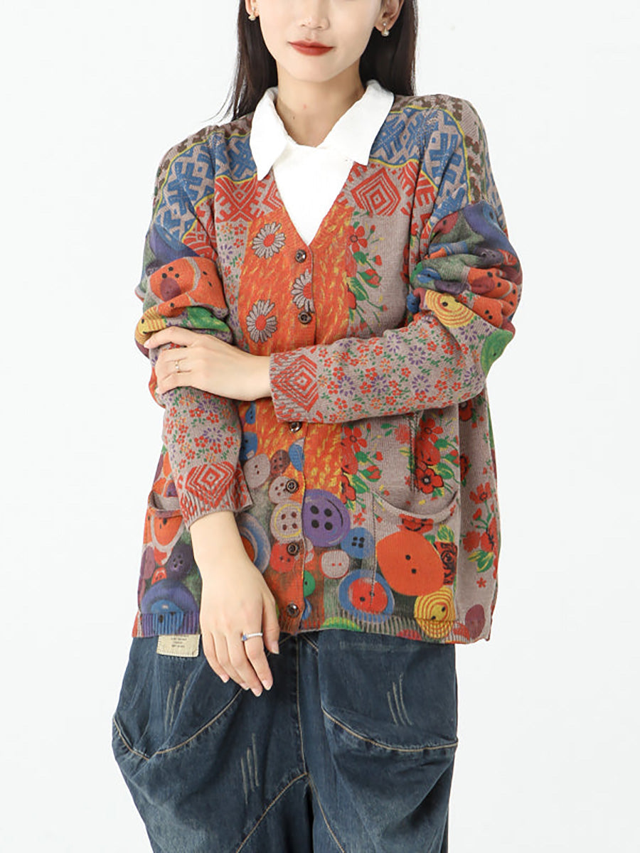 Cardigan vintage a maniche lunghe con tasca da donna