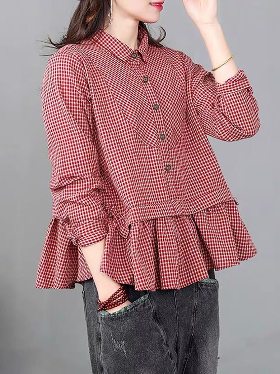 Camicia in cotone e lino con volant a quadri larghi