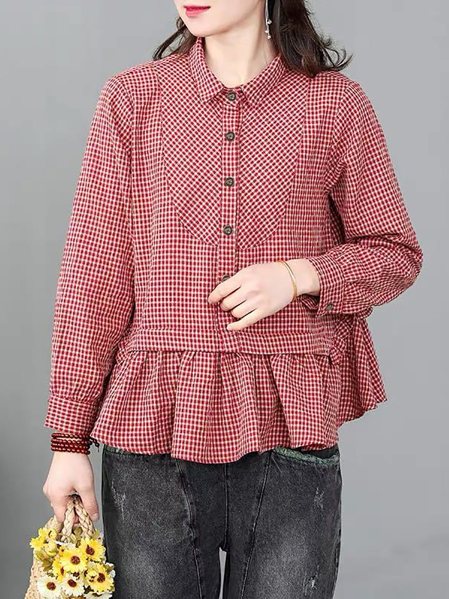 Camicia in cotone e lino con volant a quadri larghi