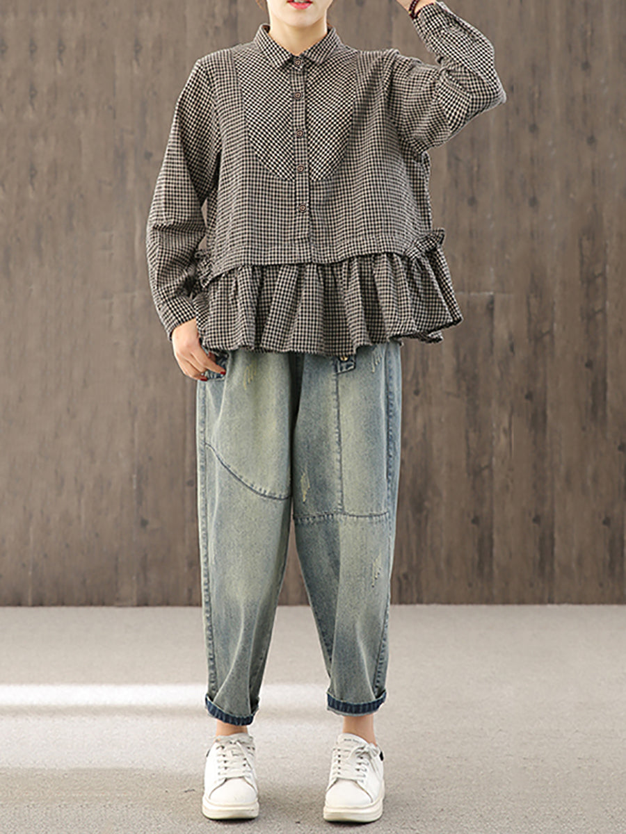 Camicia in cotone e lino con volant a quadri larghi