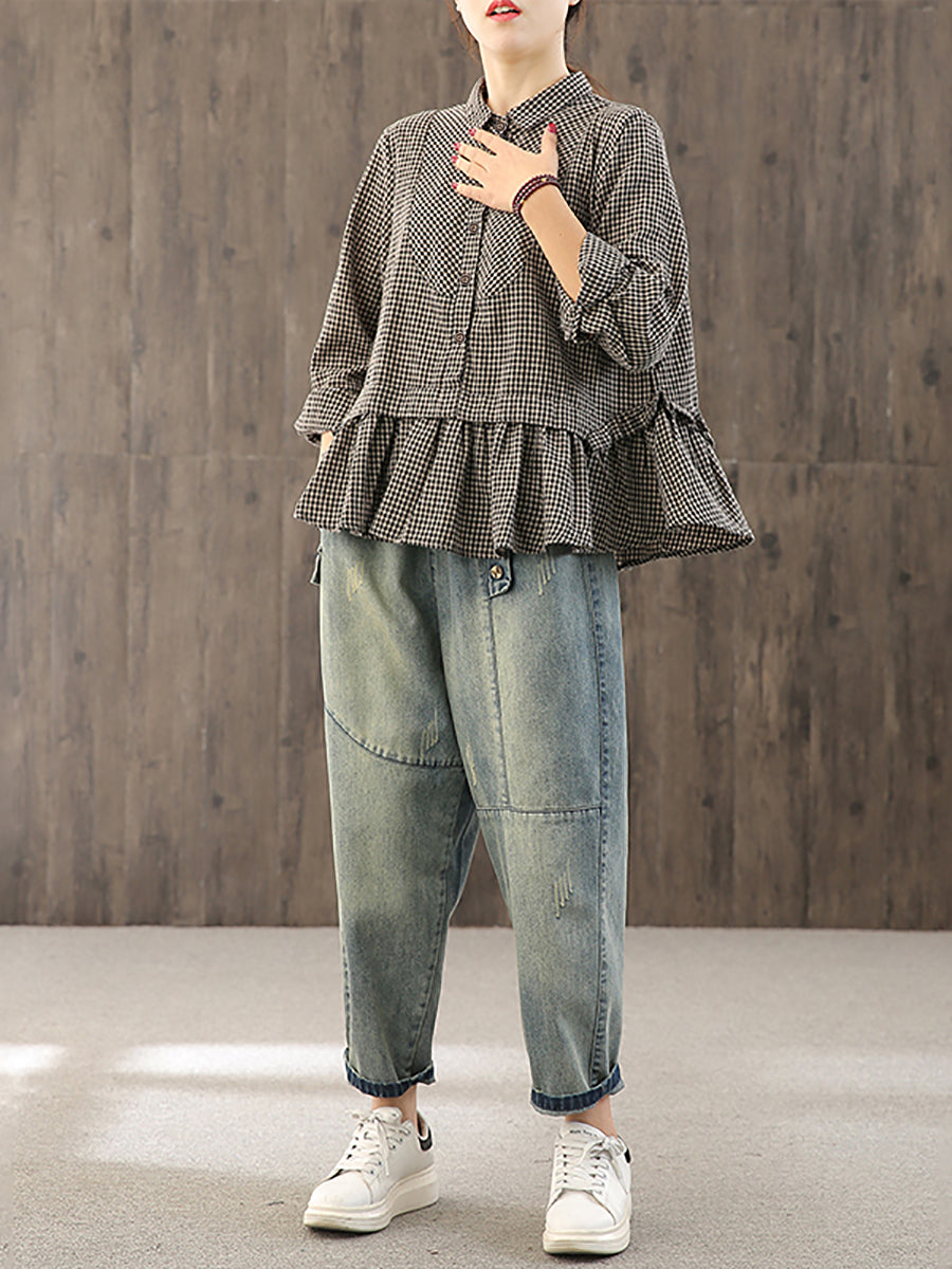 Camicia in cotone e lino con volant a quadri larghi