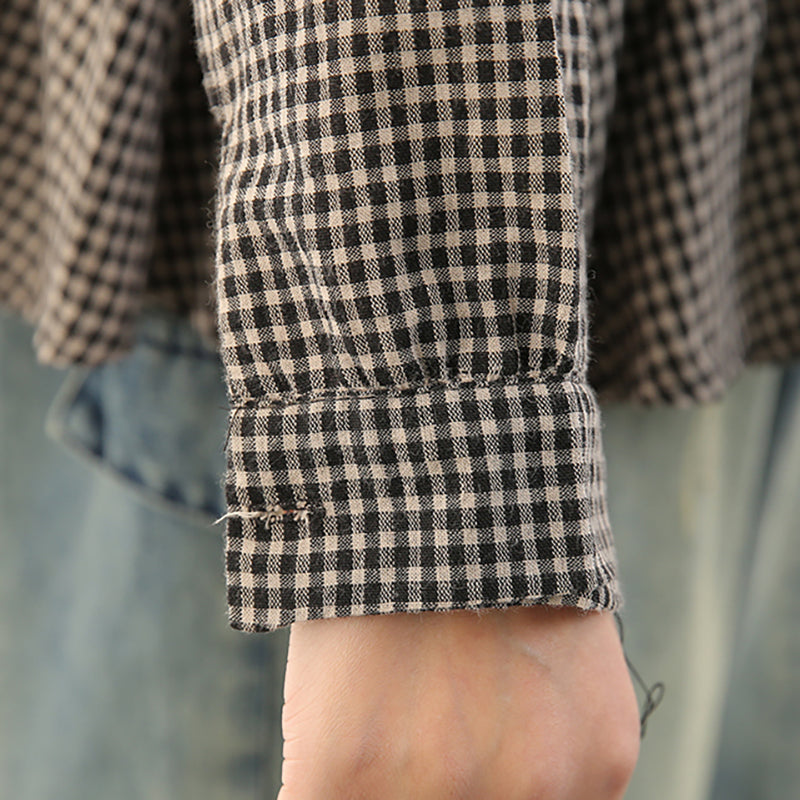 Camicia in cotone e lino con volant a quadri larghi
