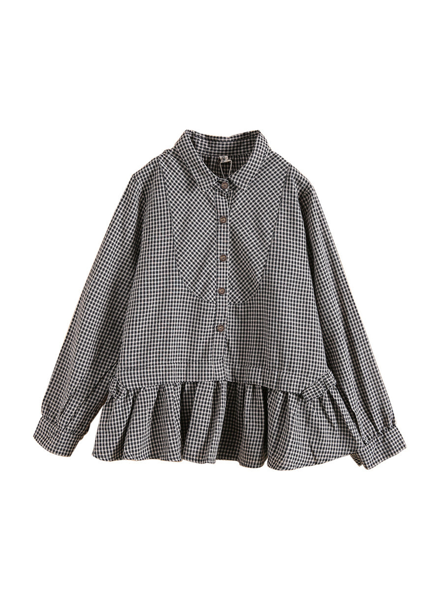 Camicia in cotone e lino con volant a quadri larghi