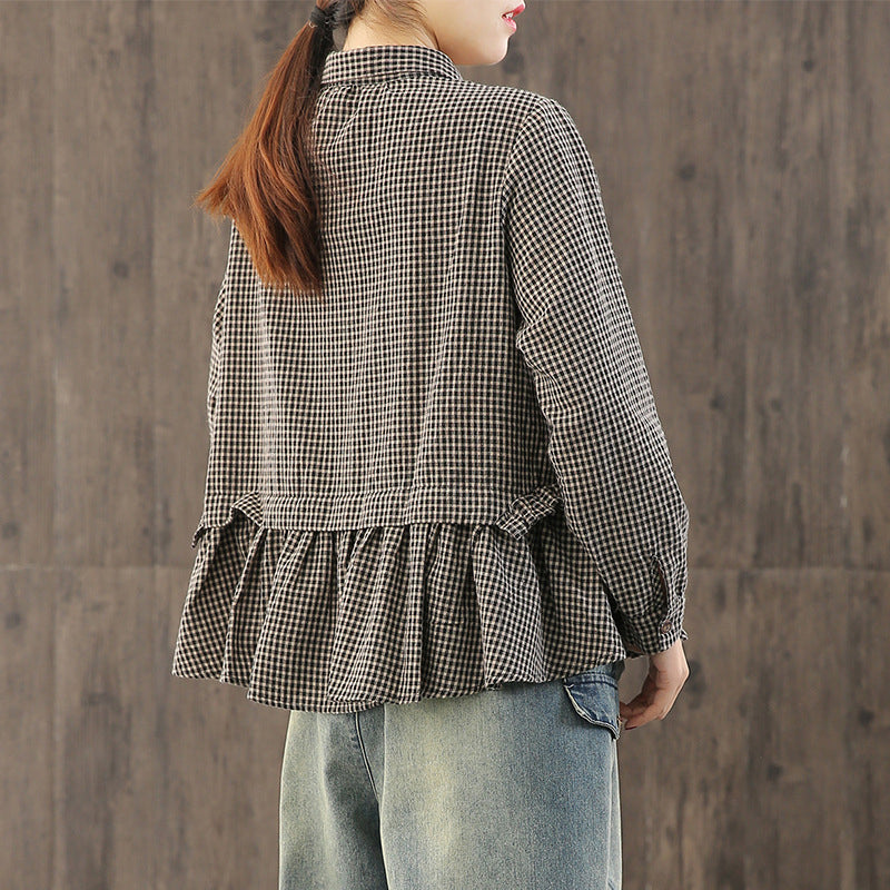 Camicia in cotone e lino con volant a quadri larghi
