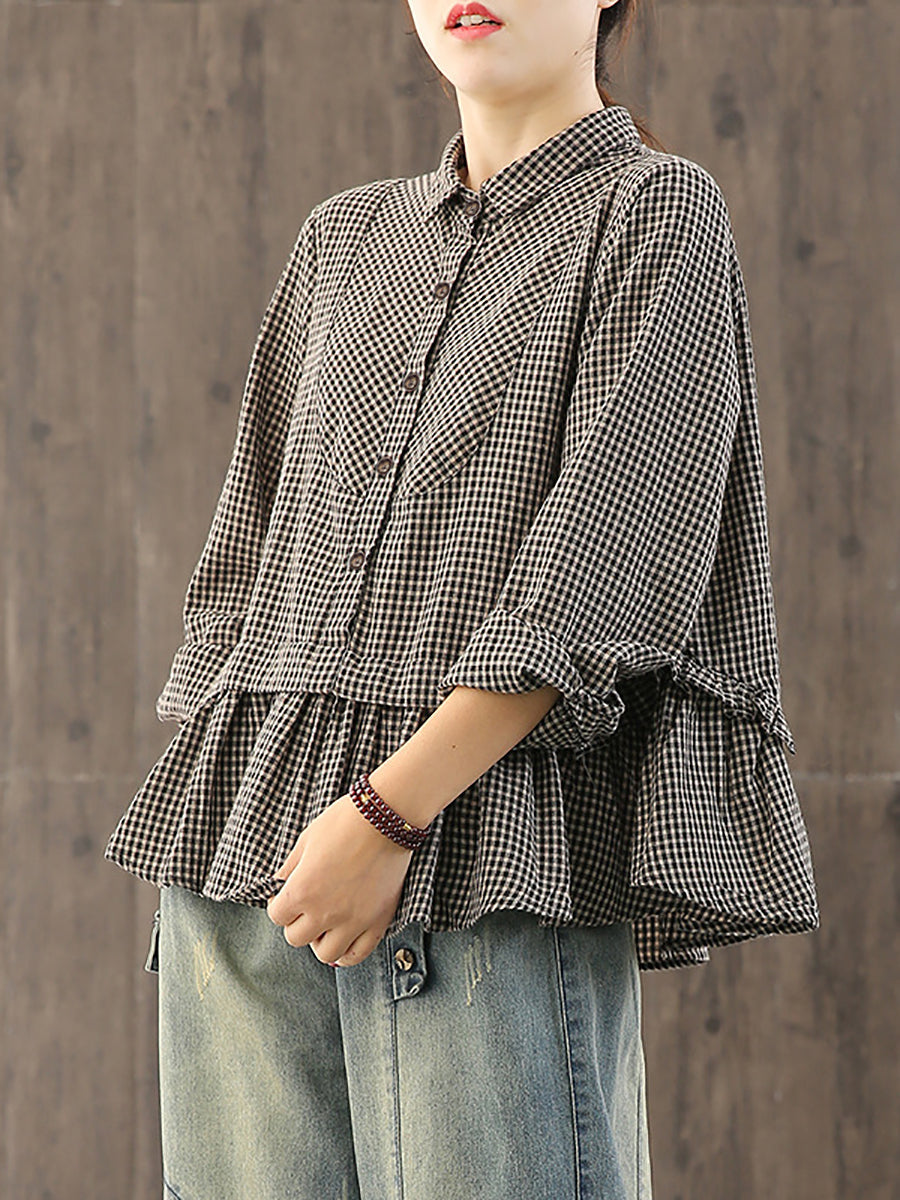 Camicia in cotone e lino con volant a quadri larghi