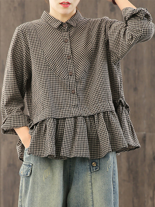 Camicia in cotone e lino con volant a quadri larghi