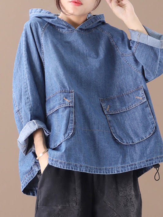 Felpa con cappuccio in denim con coulisse tinta unita