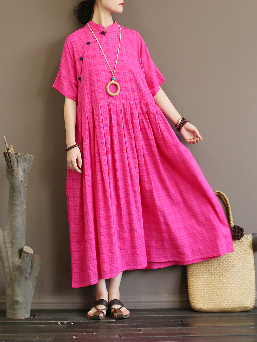 Pleated Plaid Vintage Women Chinese Style Dress