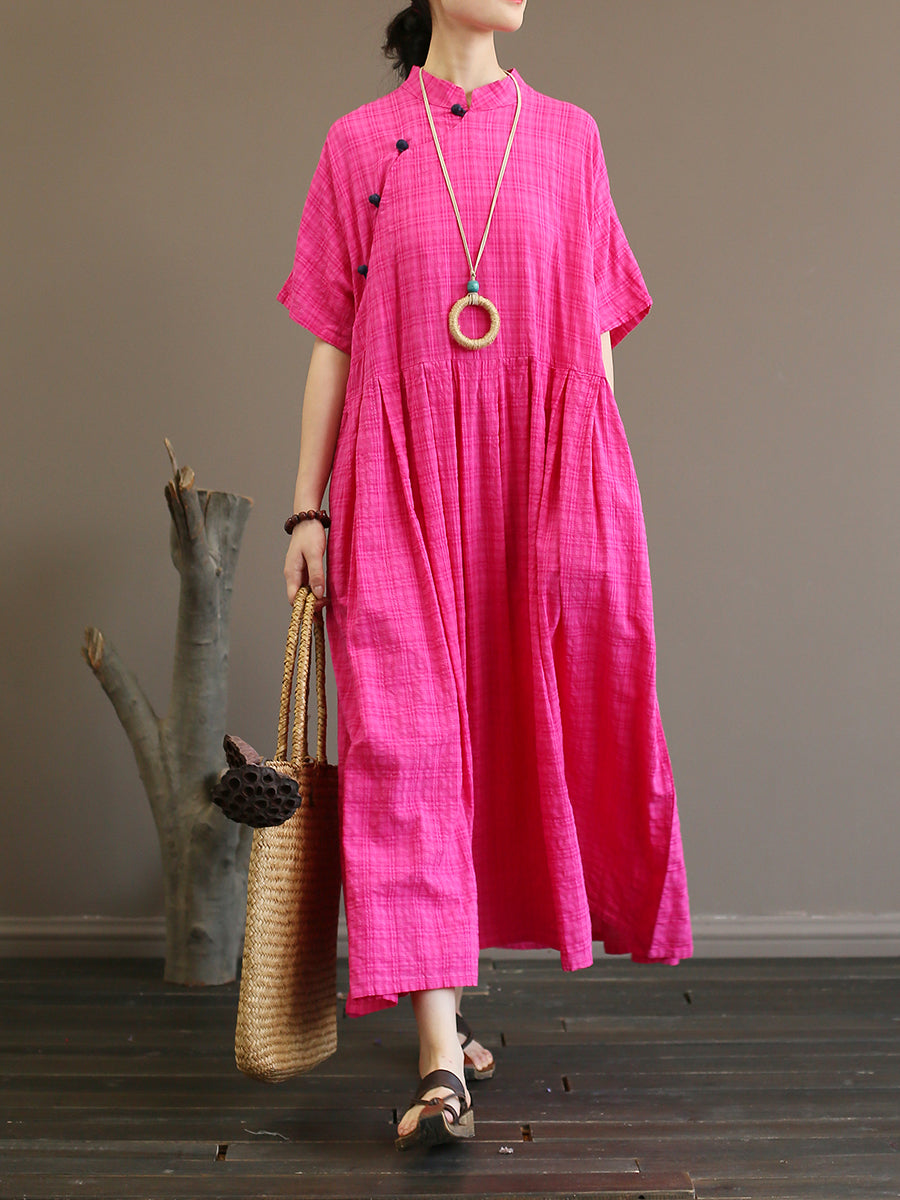 Pleated Plaid Vintage Women Chinese Style Dress