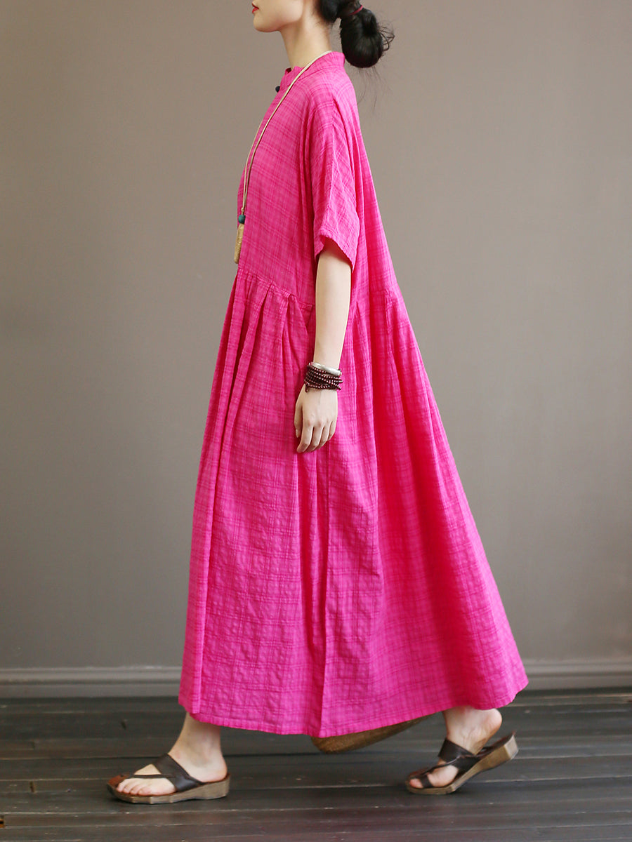 Pleated Plaid Vintage Women Chinese Style Dress