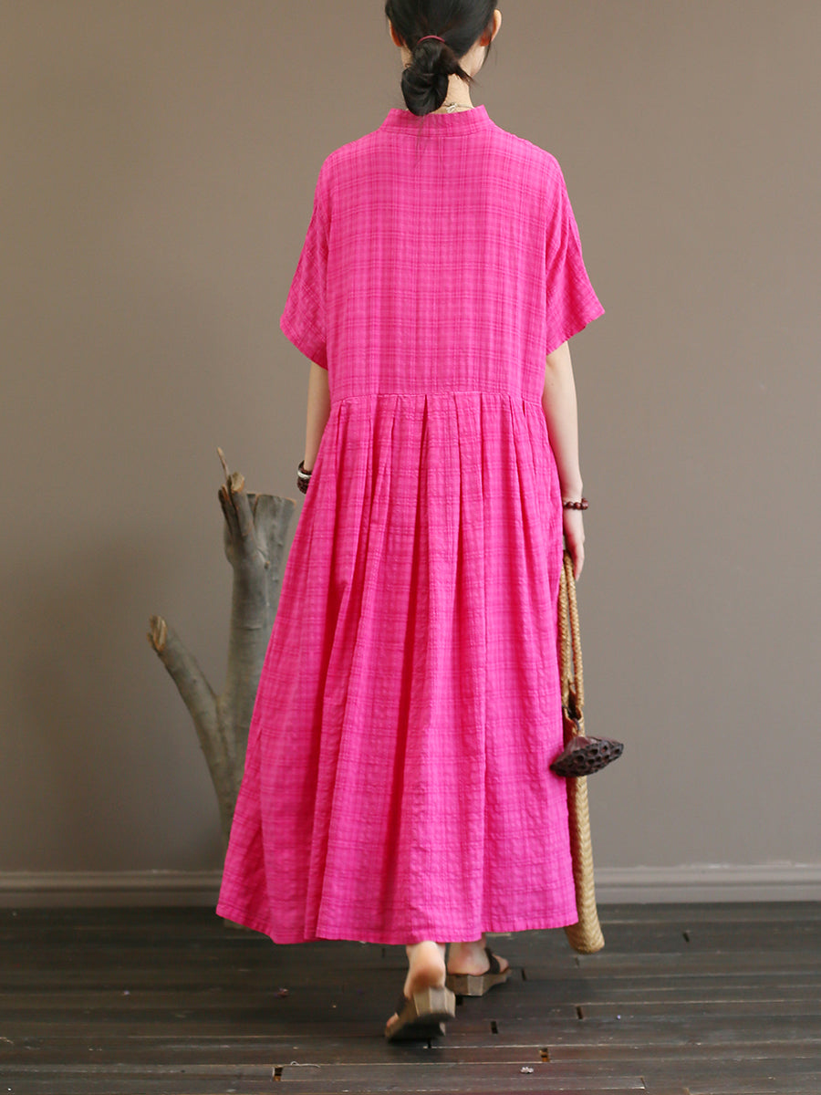 Pleated Plaid Vintage Women Chinese Style Dress