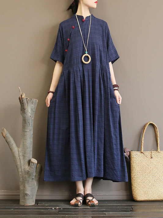 Pleated Plaid Vintage Women Chinese Style Dress