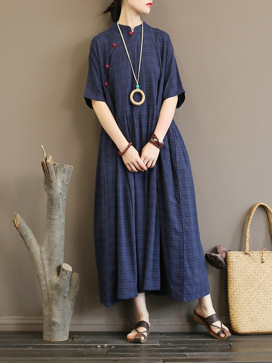 Pleated Plaid Vintage Women Chinese Style Dress