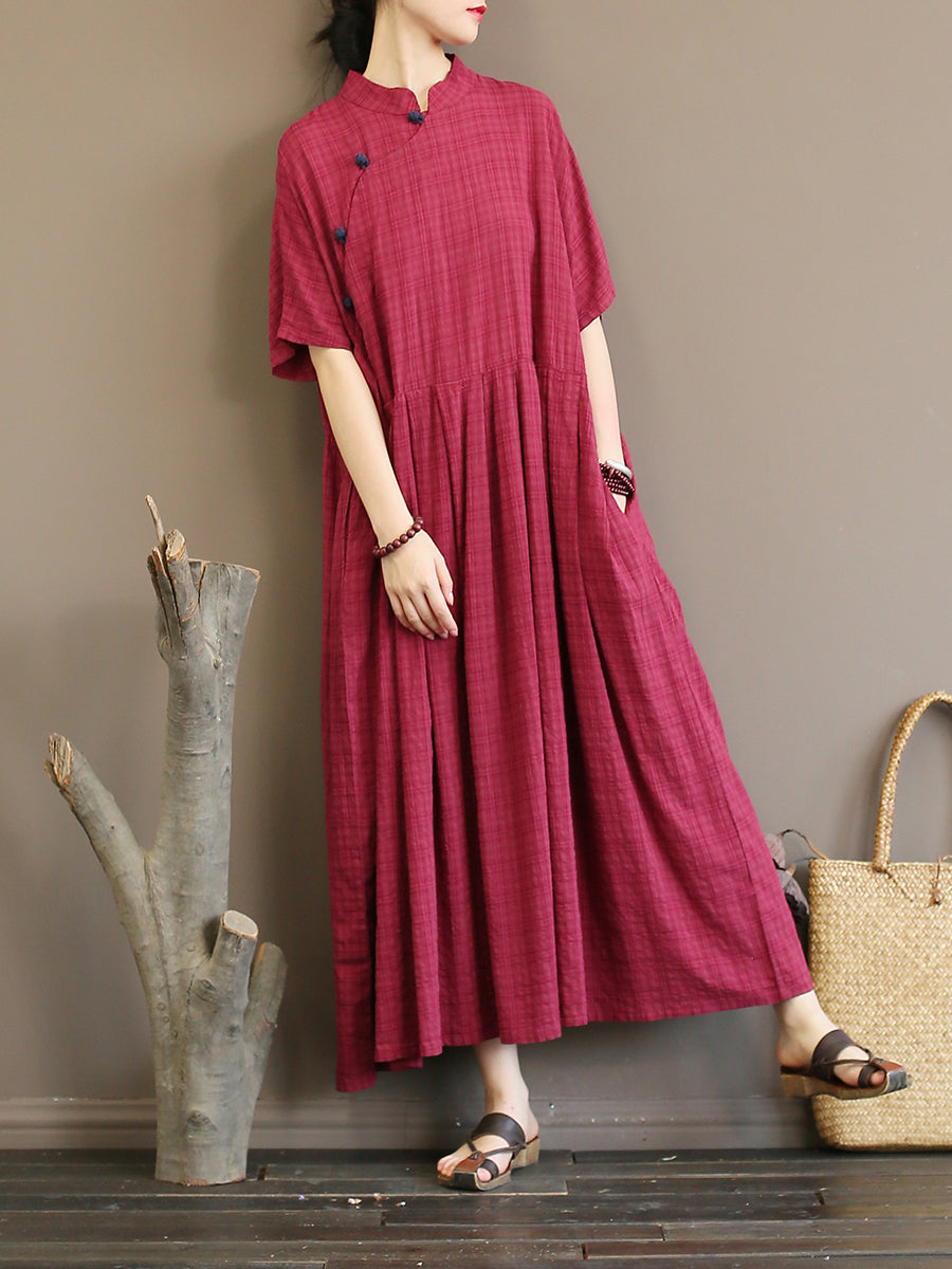 Pleated Plaid Vintage Women Chinese Style Dress