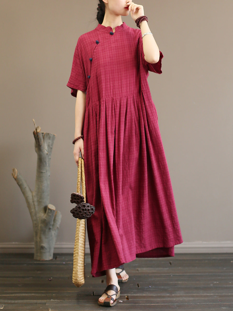 Pleated Plaid Vintage Women Chinese Style Dress