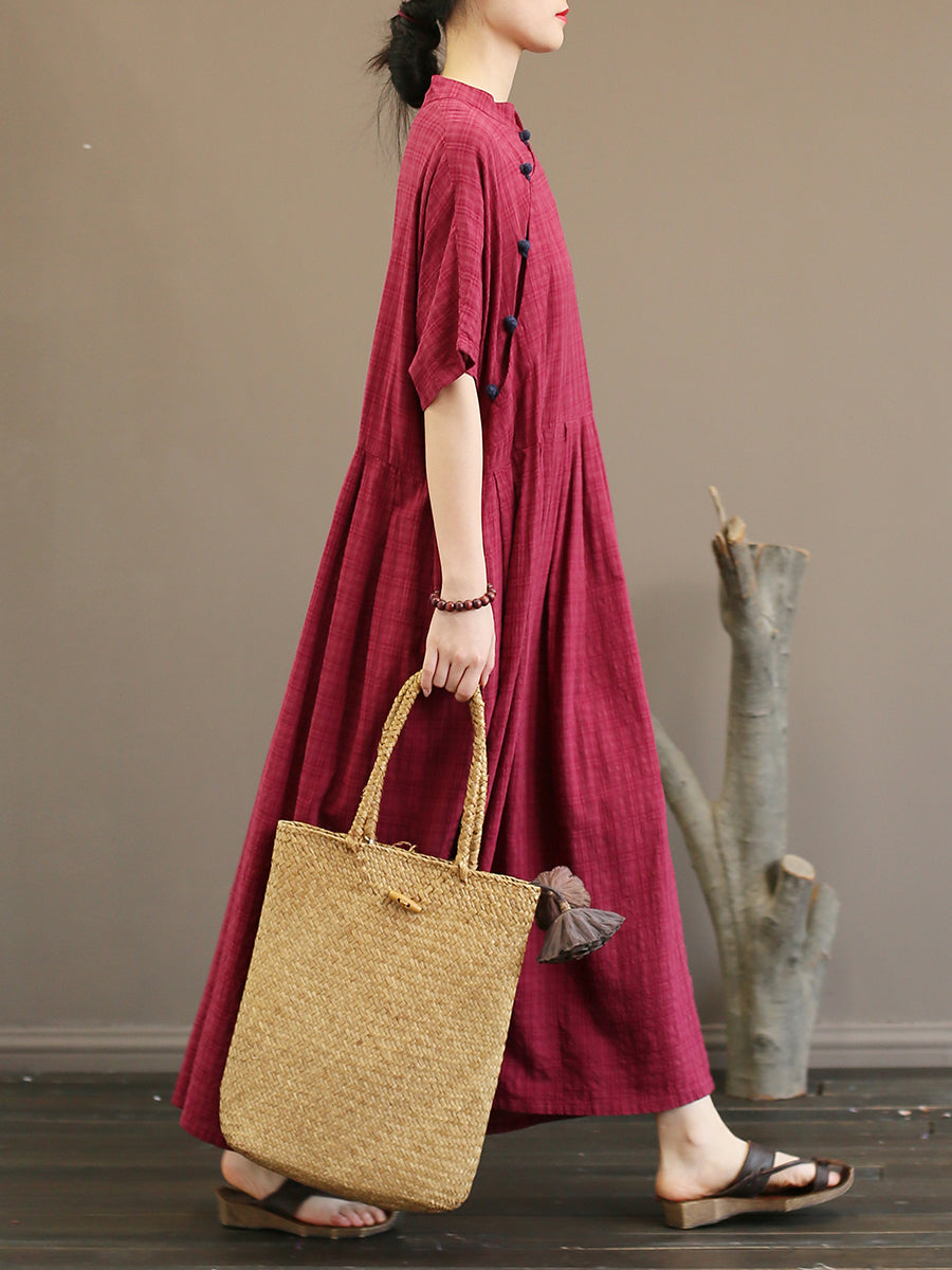 Pleated Plaid Vintage Women Chinese Style Dress