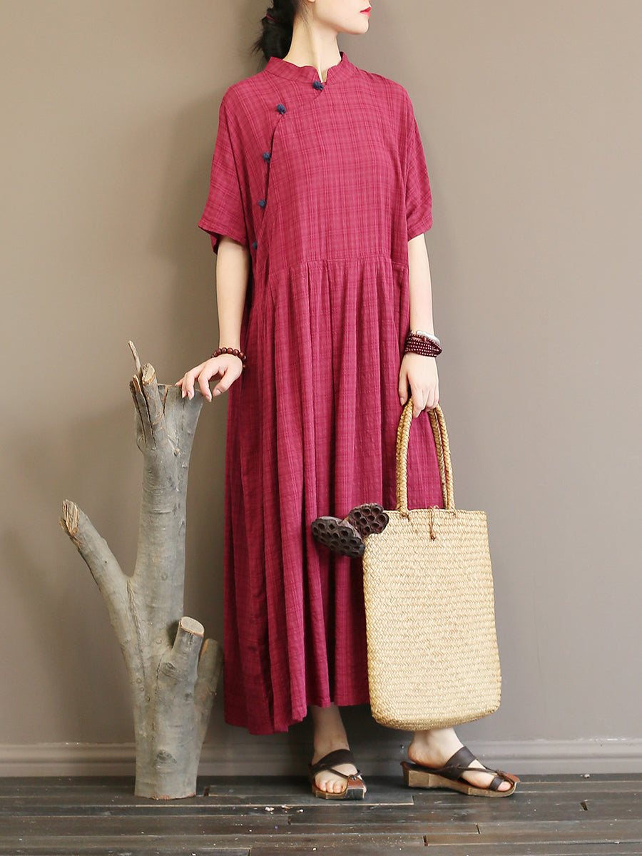 Pleated Plaid Vintage Women Chinese Style Dress