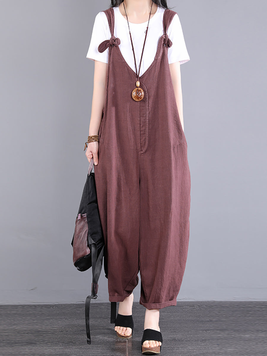 Tute larghe in ramiè con scollo a V e nodo vintage da donna