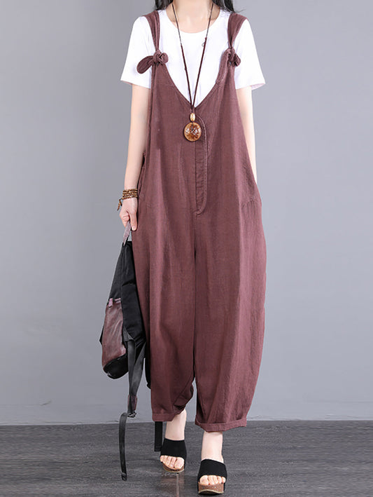 Tute larghe in ramiè con scollo a V e nodo vintage da donna