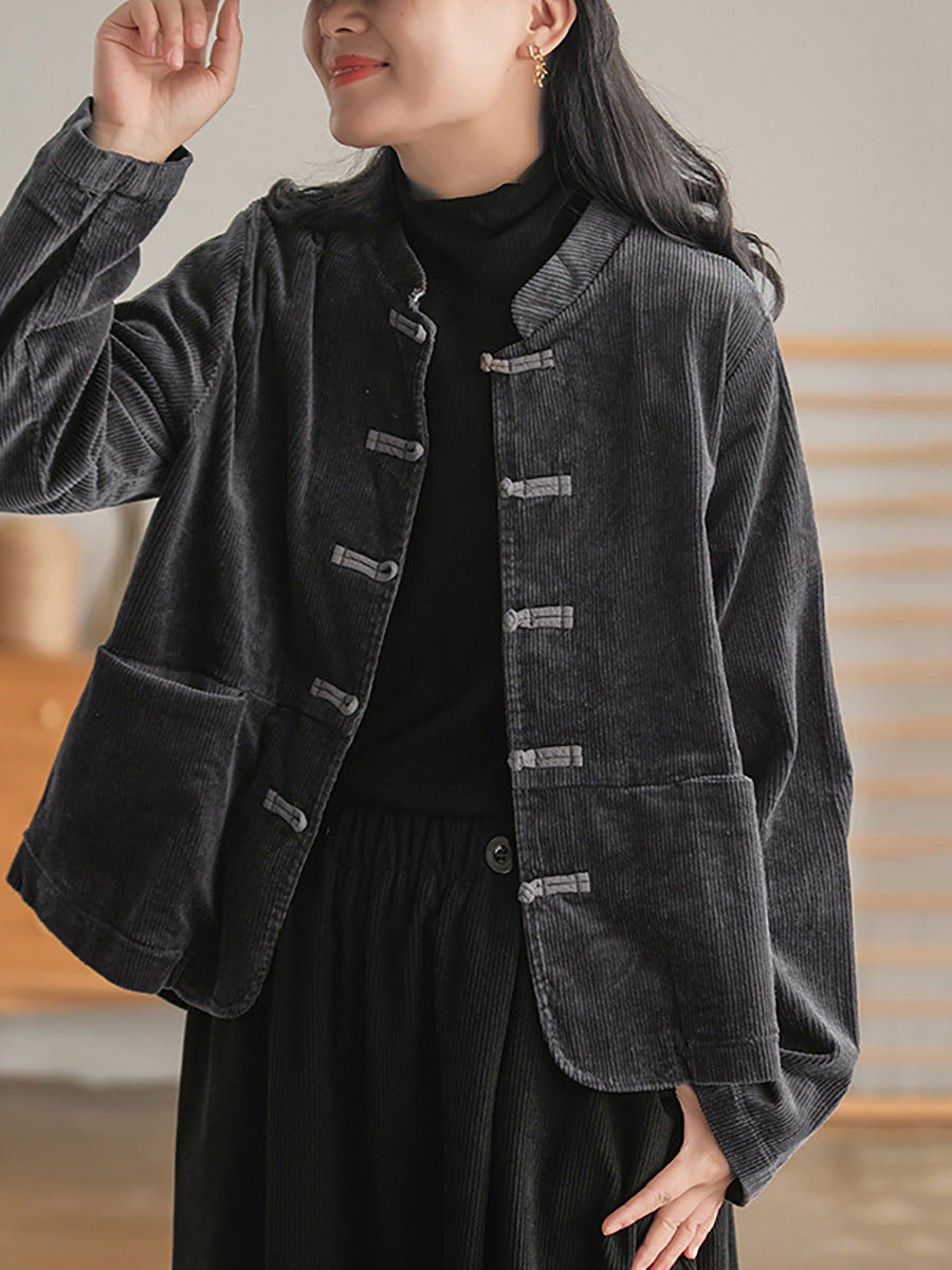 Cappotto casual vintage con tasca sul petto in velluto a coste da donna