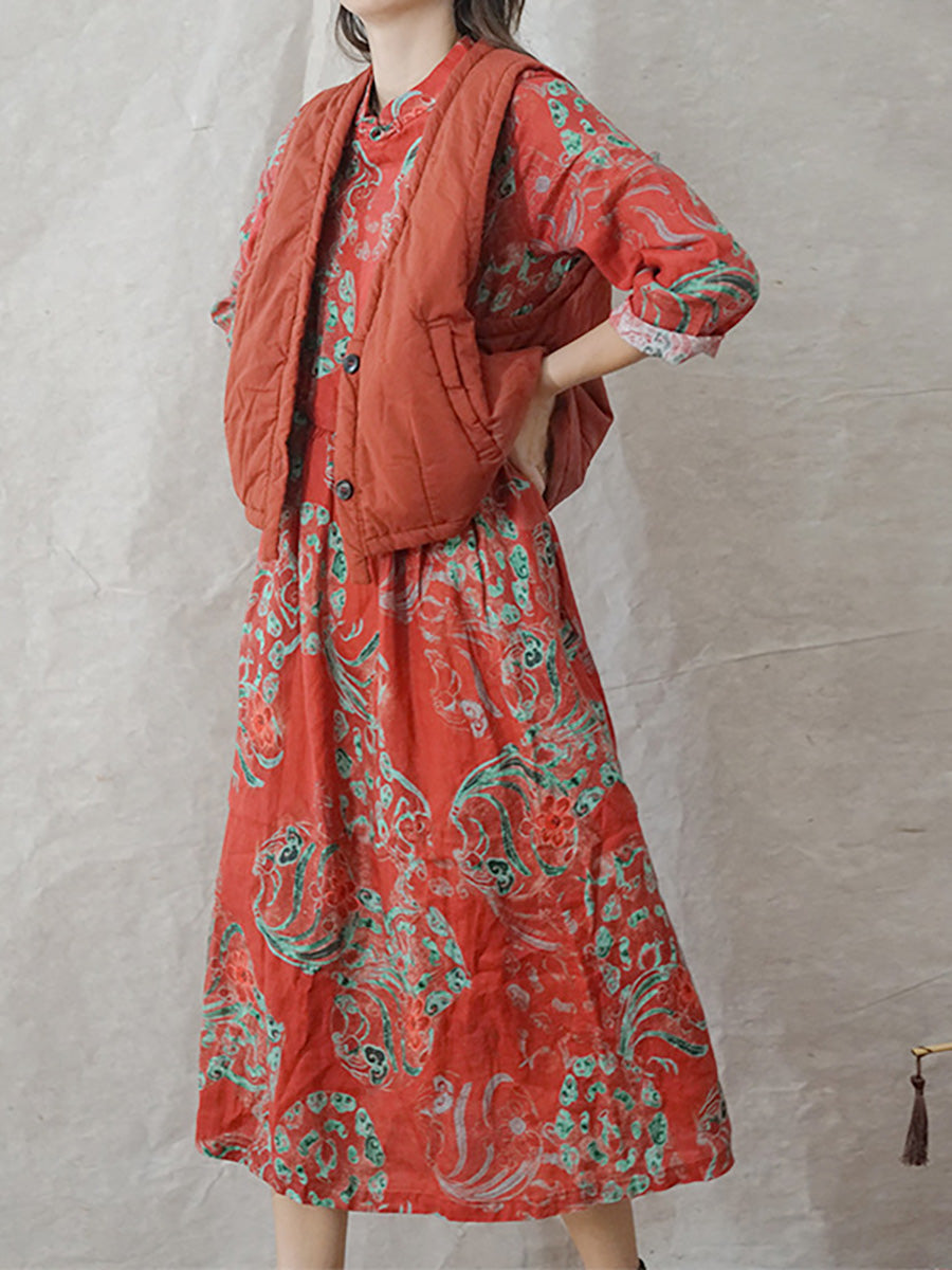 Robe en lin à imprimé floral vintage pour femme