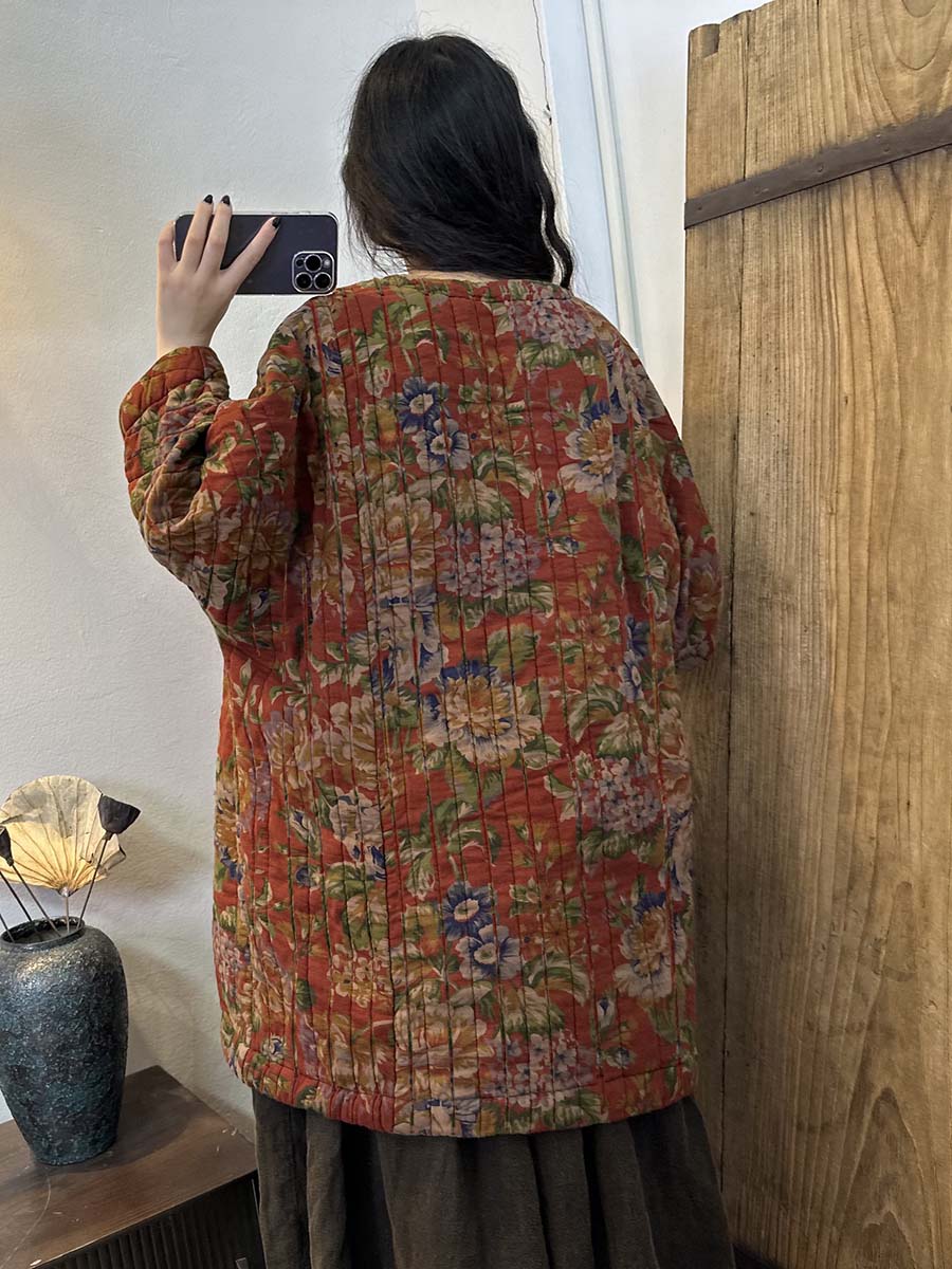 Cappotto caldo e ampio con stampa floreale etnica invernale da donna
