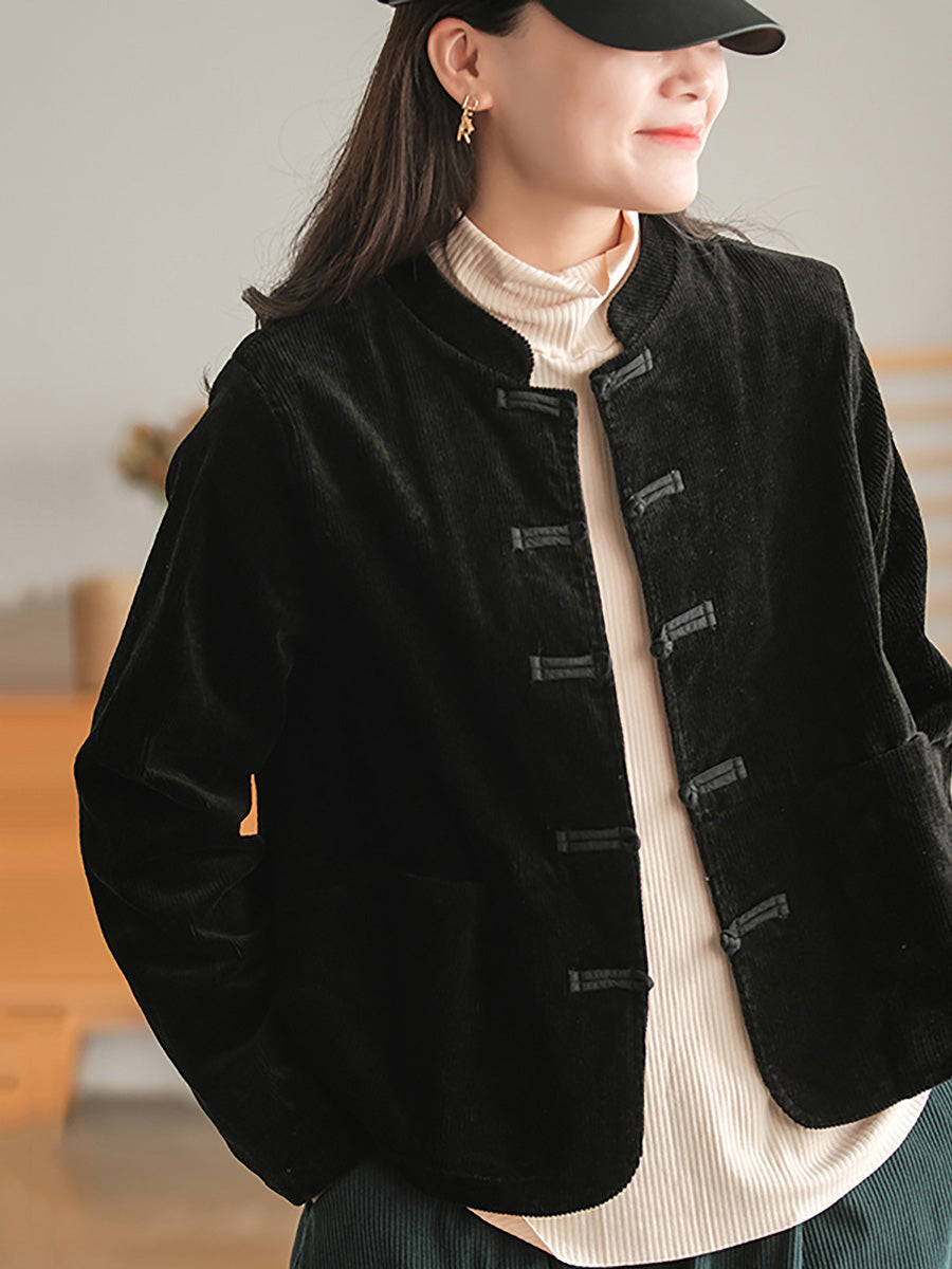 Cappotto casual vintage con tasca sul petto in velluto a coste da donna