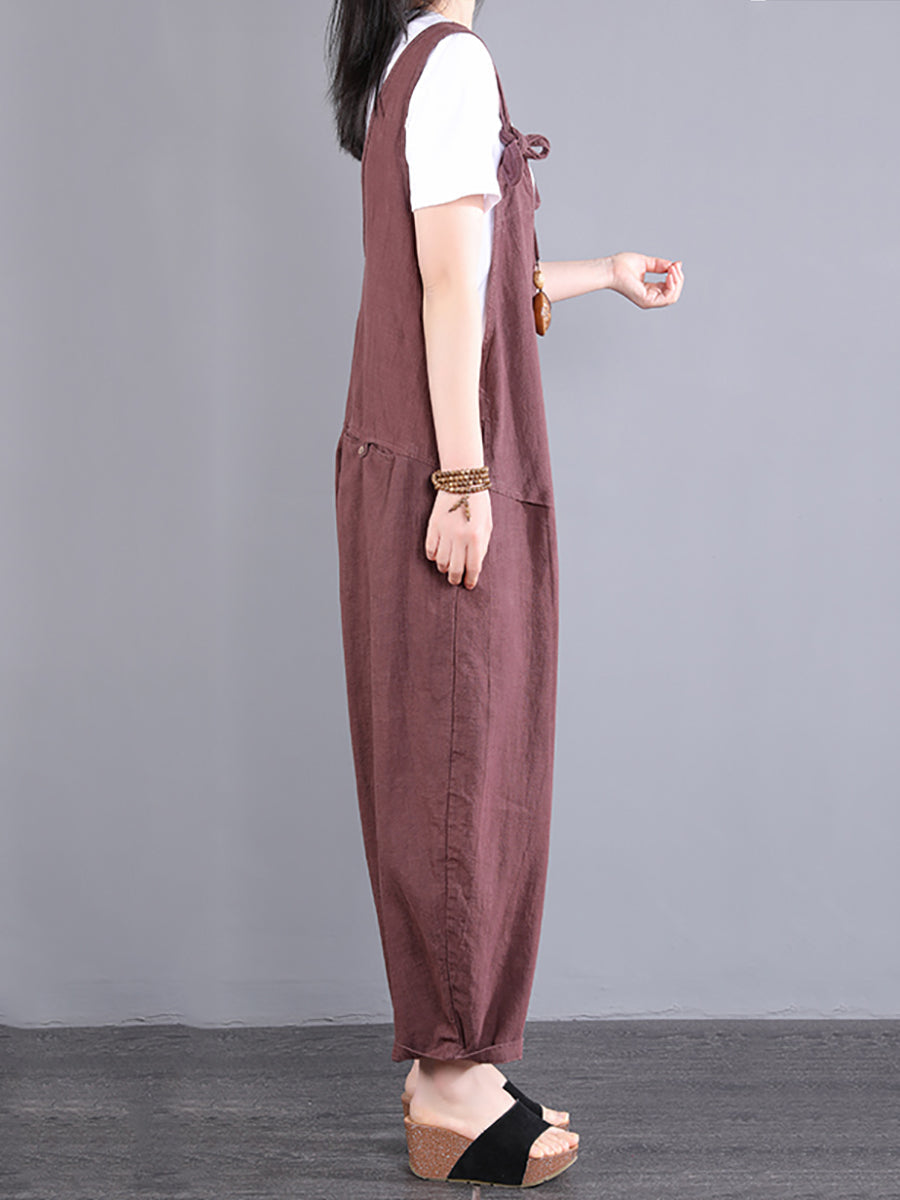 Tute larghe in ramiè con scollo a V e nodo vintage da donna