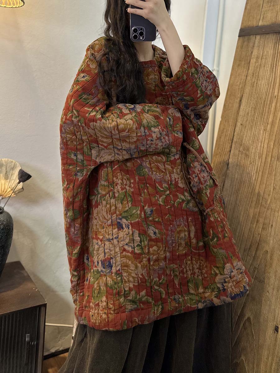 Cappotto caldo e ampio con stampa floreale etnica invernale da donna